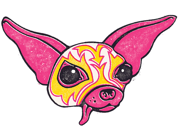 An illustrated chihuahua wearing the mask of a luchador
